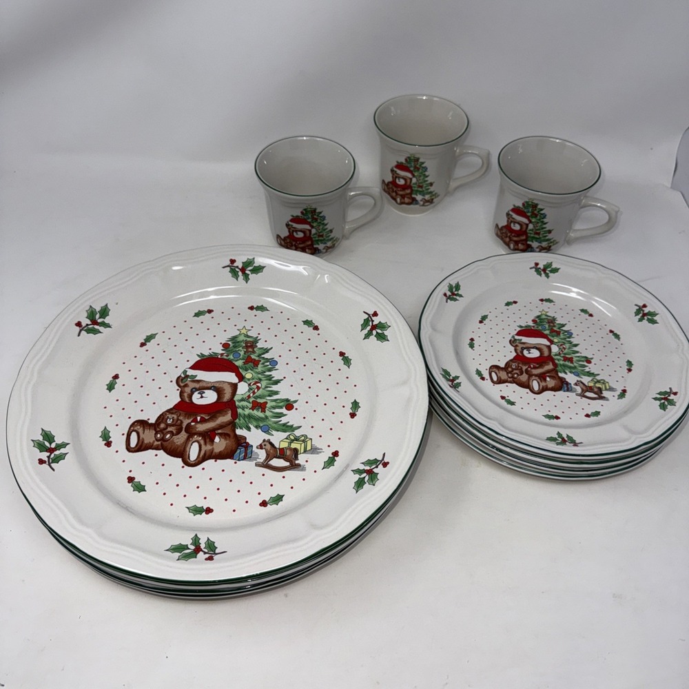 Vintage Christmas Tree Bear Teddy Plate Cup Set Stoneware 4 Dinner 4 Salad 3 Cup